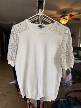 Adrianna Papell White Lace Sleeve Short Sleeve Knit Top